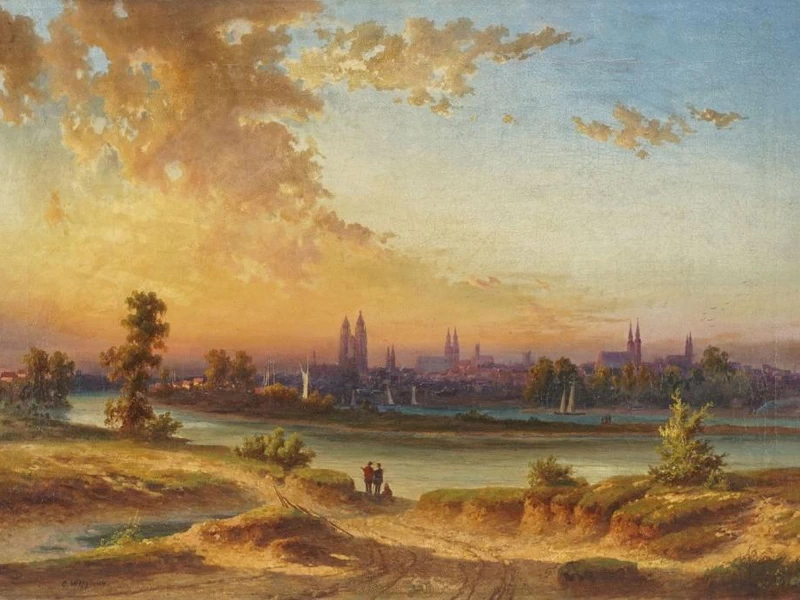1839-Christian Wilberg - Veduta di Magdeburgo al crepuscolo - attribuito